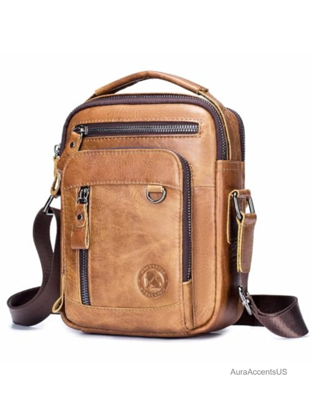 Cowhide Leather Crossbody Bag Men Double Compartment Sling